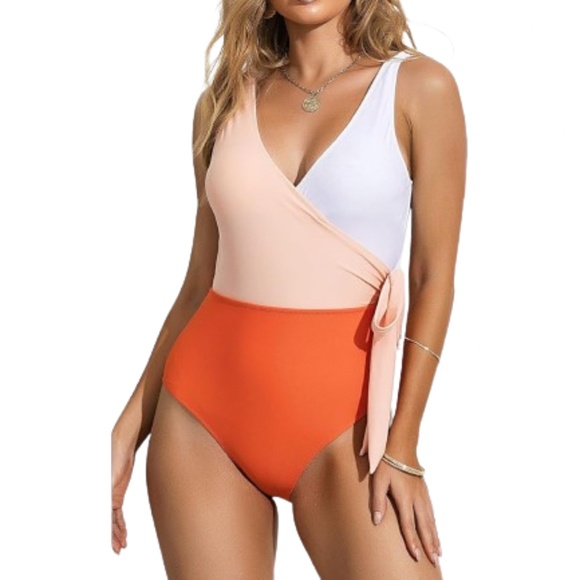 Women’s Coloured Blocked V Neck Wrap One Piece Bathing Suit - Picture 1 of 8